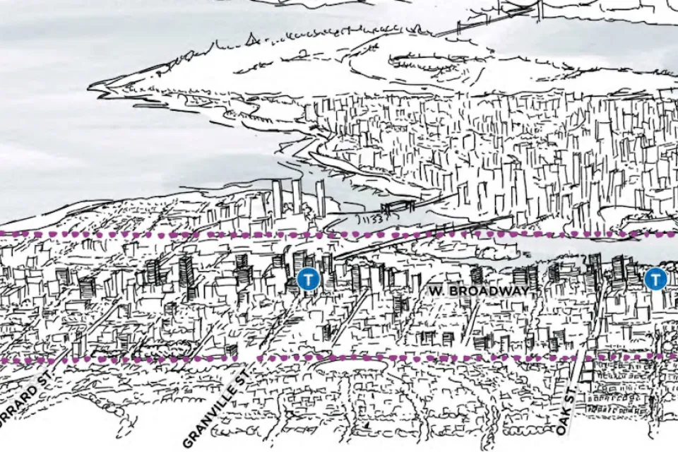 A conceptual rendering showing the potential development capacity of zoning changes included in the Broadway Plan for Vancouver, British Columbia.